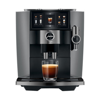 Jura J10 twin in Diamond Onyx, front view, with an espresso