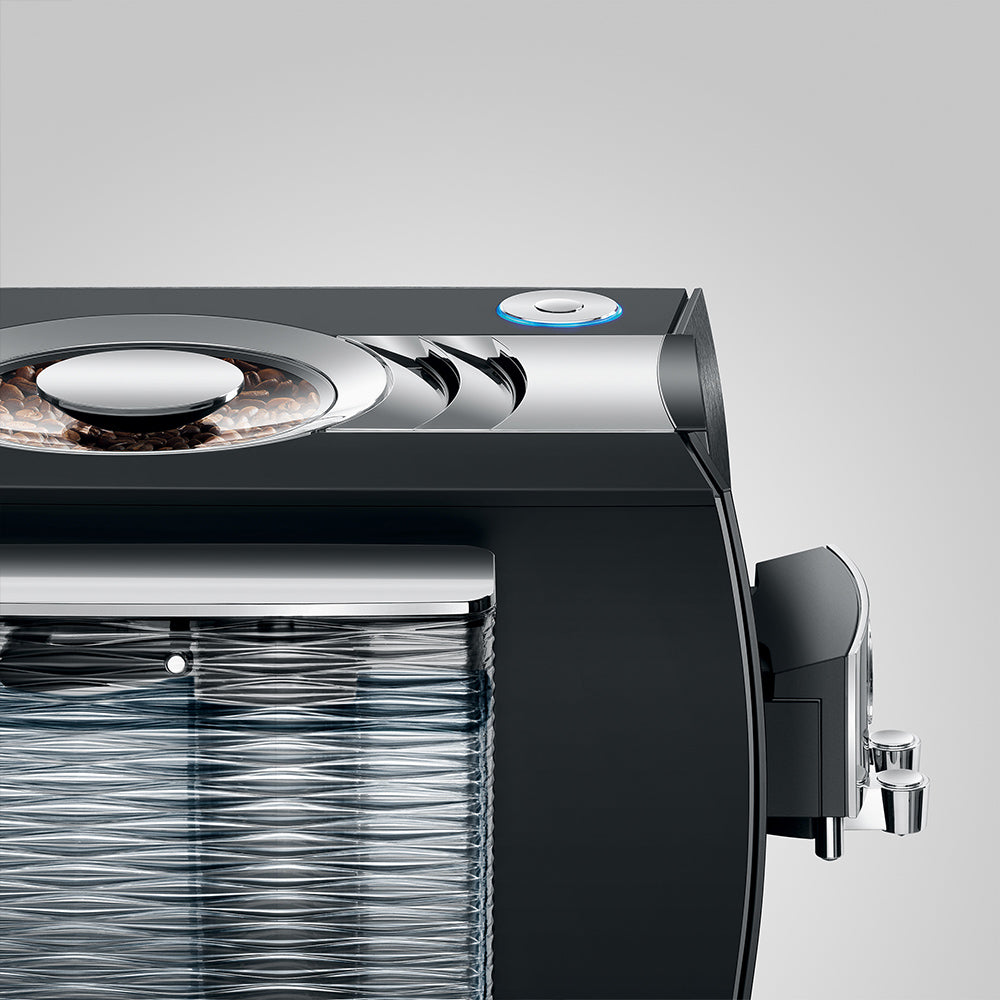 Top of the Jura Z10 Gen 2 Aluminum Black, with the bean container lid and water tank