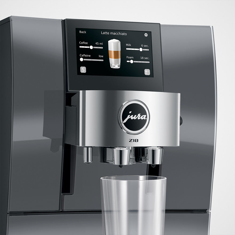 Jura Z10 Gen 2 Diamond Onyx touchscreen showing latte macchiato settings