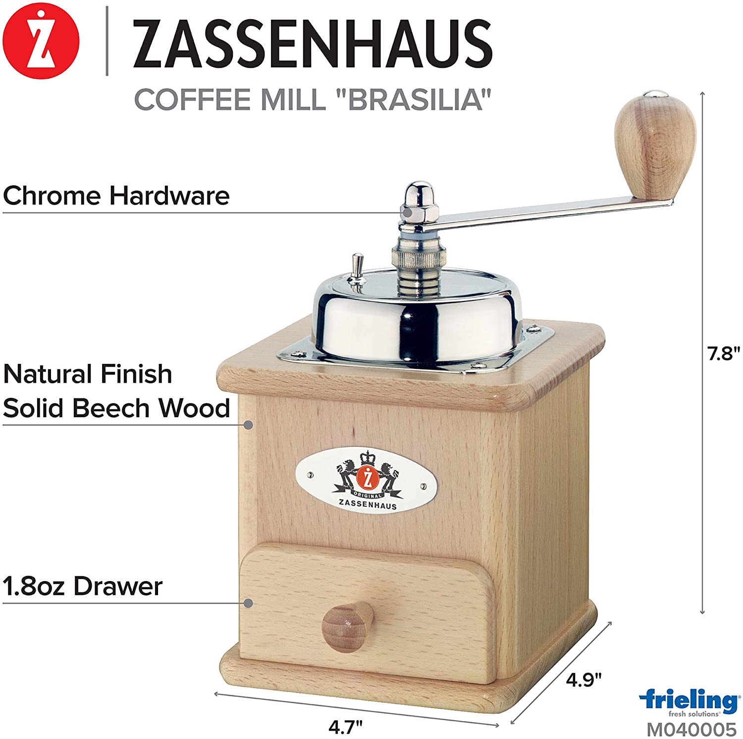 Zassenhaus "Brasilia" Manual Coffee Mill - Natural Beech Wood