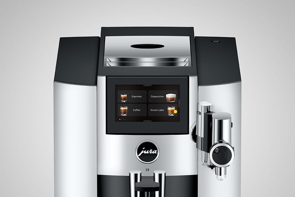 Jura S8 in Chrome, front view from above on a gray background