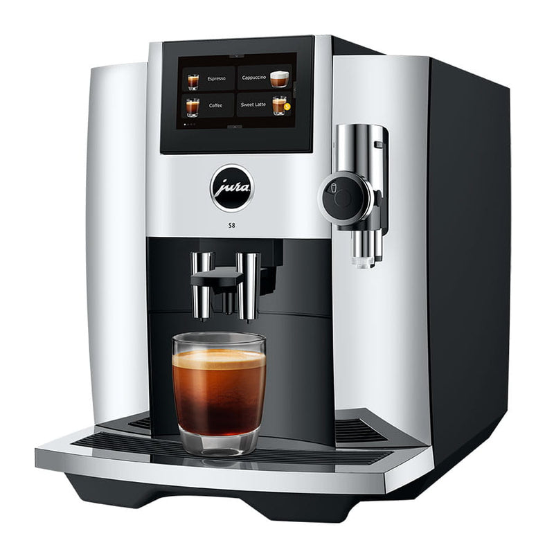 Jura S8 in Chrome, angled to the left, with a coffee