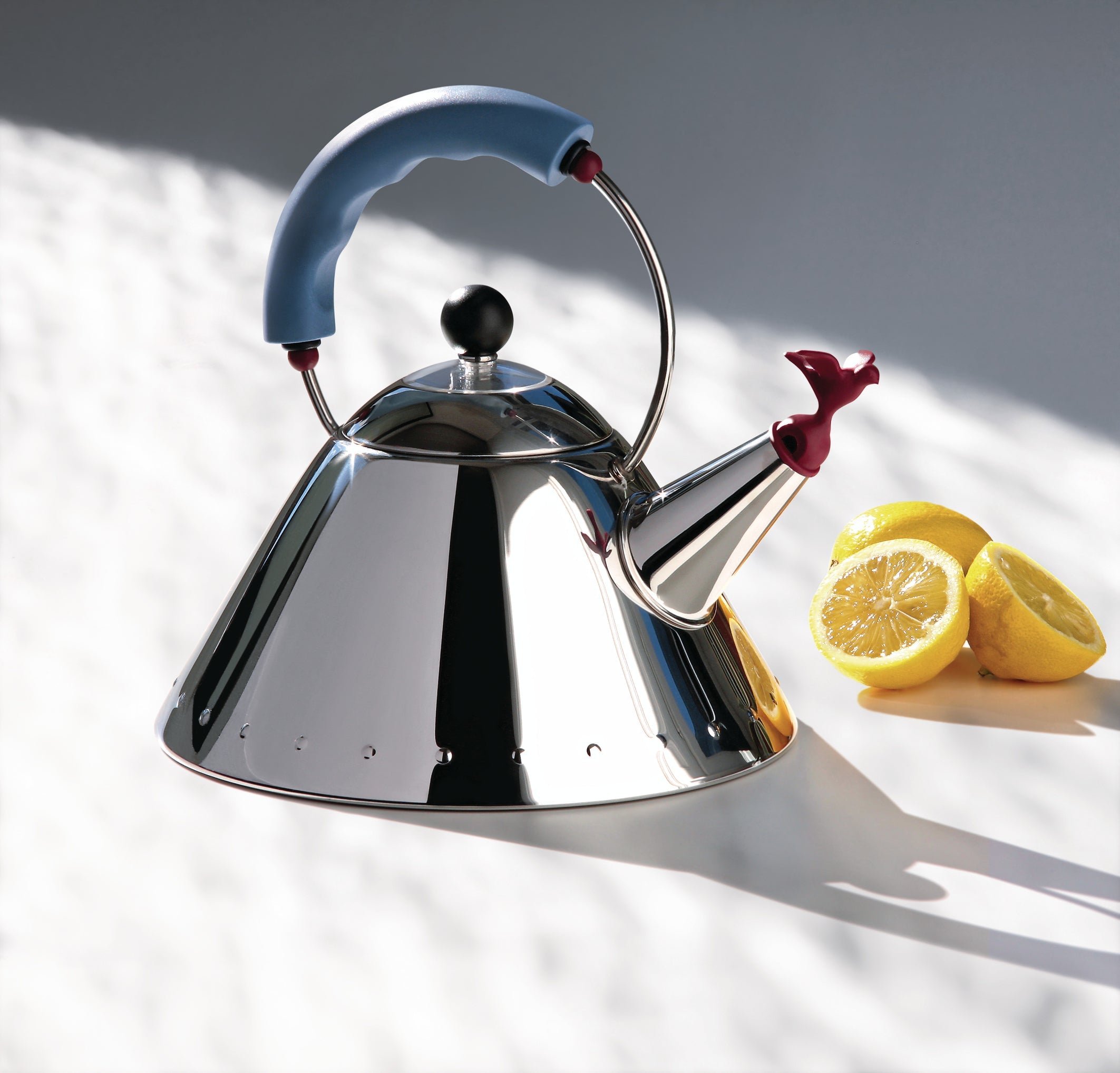 Alessi Michael Graves Whistling Bird Kettle - Black/Light Blue/Bright White - Design and Grace