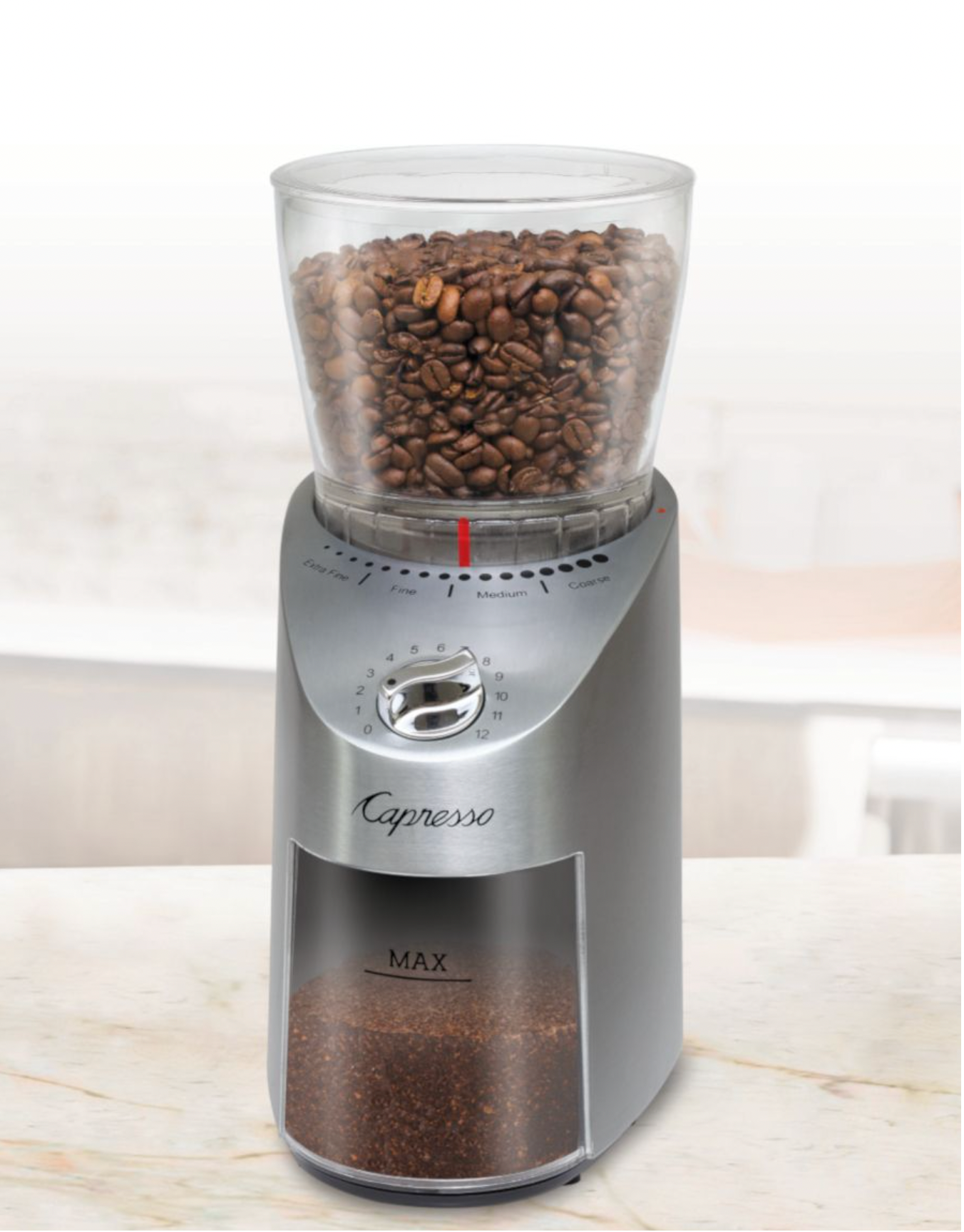 Capresso Infinity Plus Conical Burr Grinder - Die Cast Stainless Steel - Design and Grace