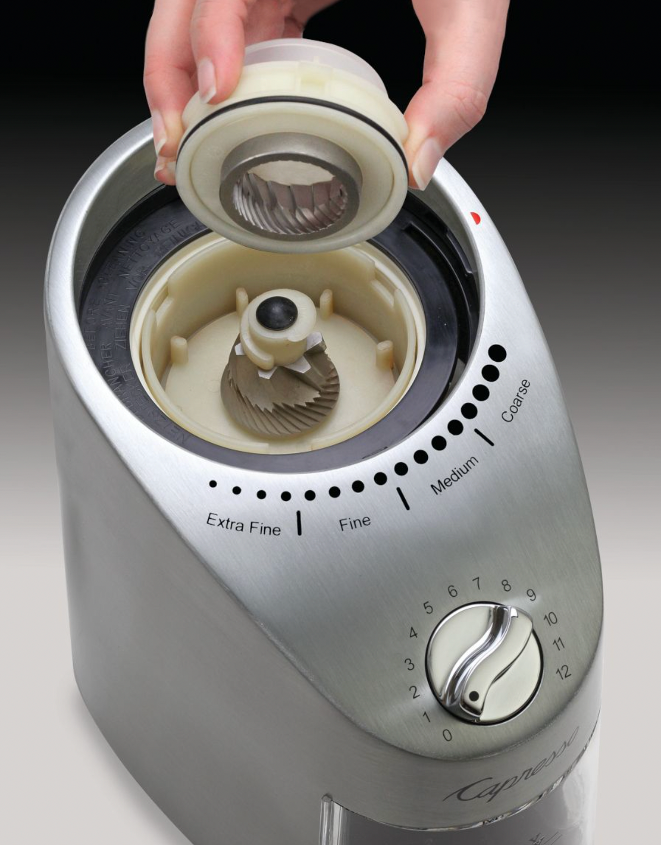 Capresso Infinity Plus Conical Burr Grinder - Die Cast Stainless Steel - Design and Grace