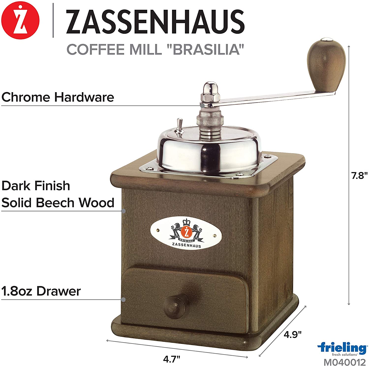 Zassenhaus "Brasilia" Manual Coffee Mill - Dark Beech Wood - Design and Grace