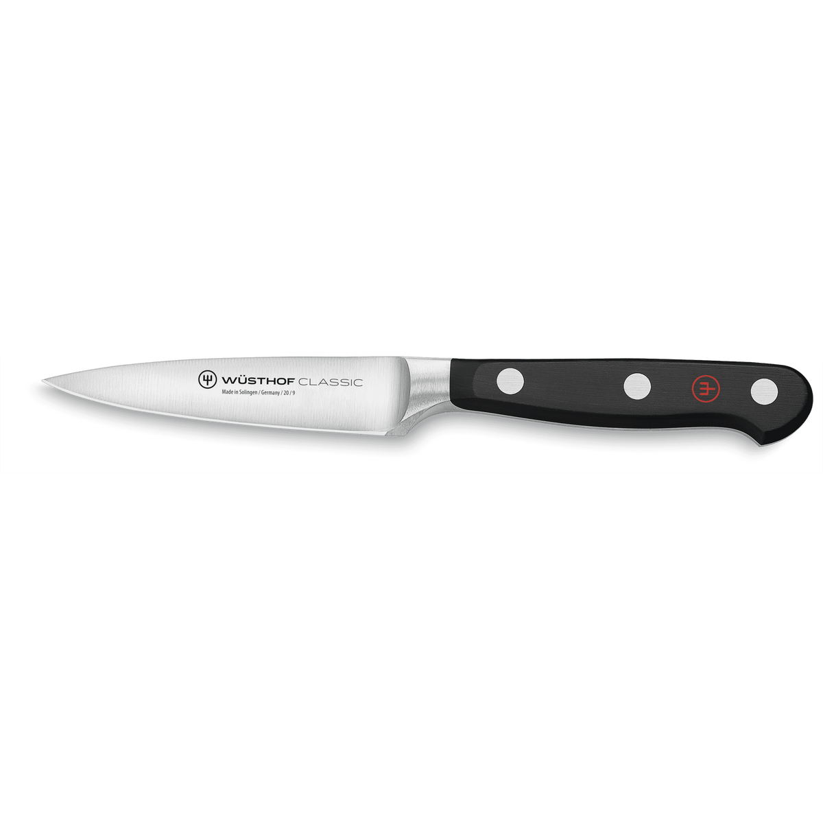 WÜSTHOF CLASSIC utility knife from the 6-Piece Starter Knife Block Set on a grey background