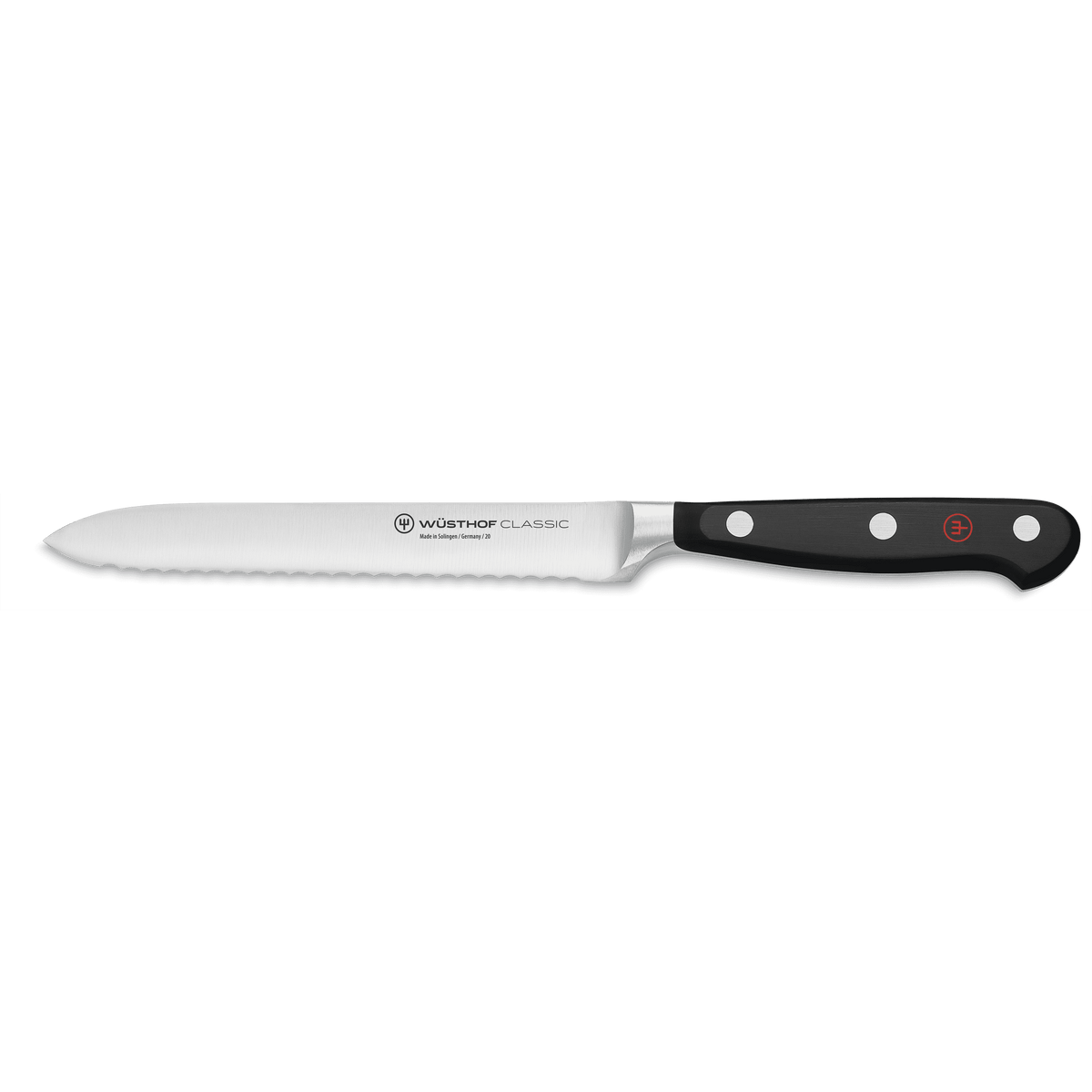 WÜSTHOF CLASSIC serrated utility knife from the 6-Piece Starter Knife Block Set on a grey background