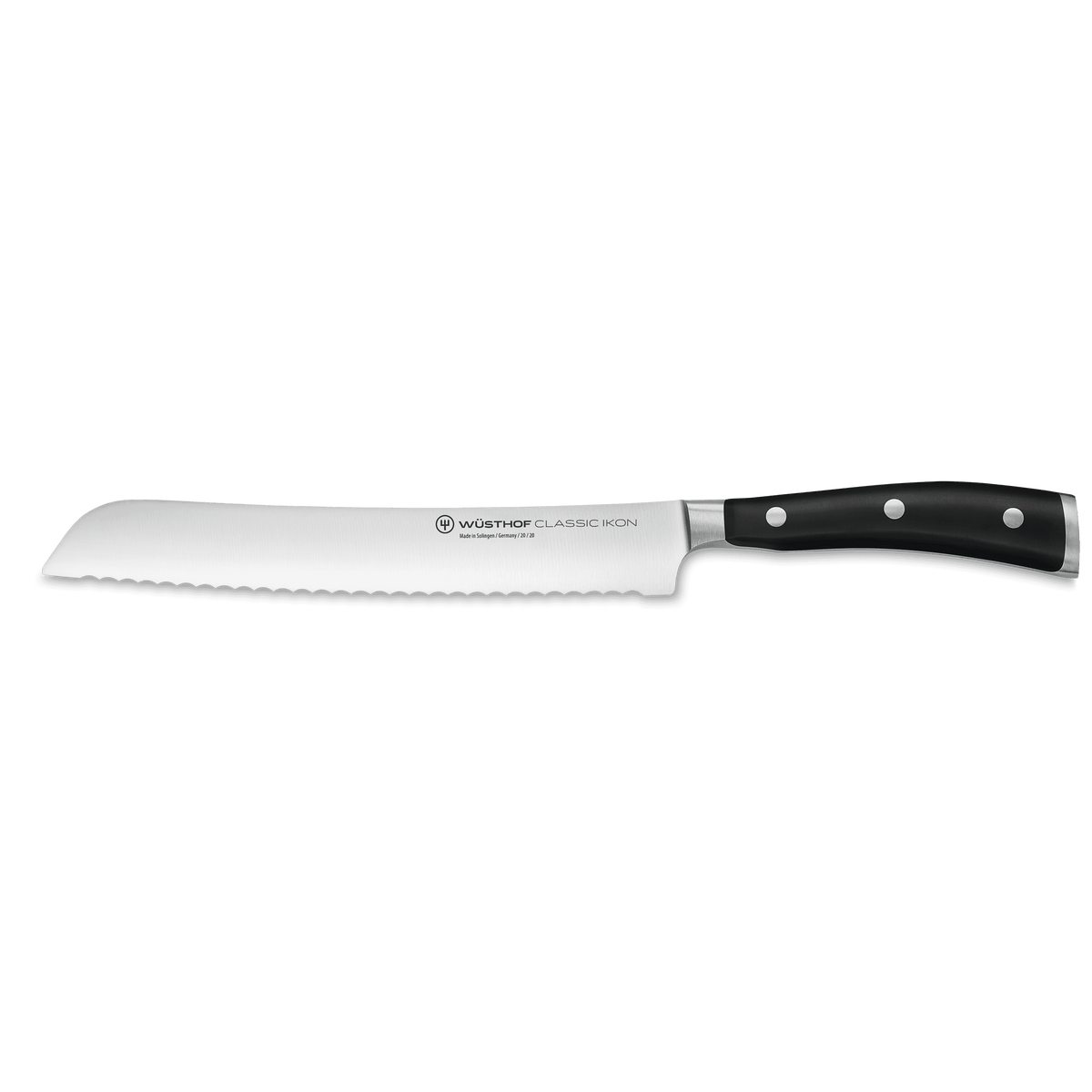 WÜSTHOF CLASSIC IKON bread knife from the 6-Piece Starter Knife Block Set on a grey background