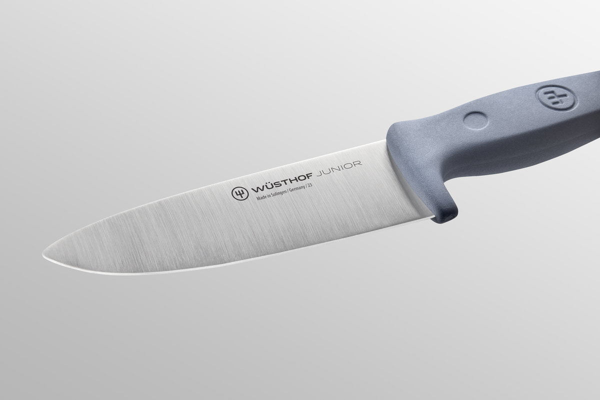 WÜSTHOF Junior 4" Chef's Knife, Blue, on a grey background