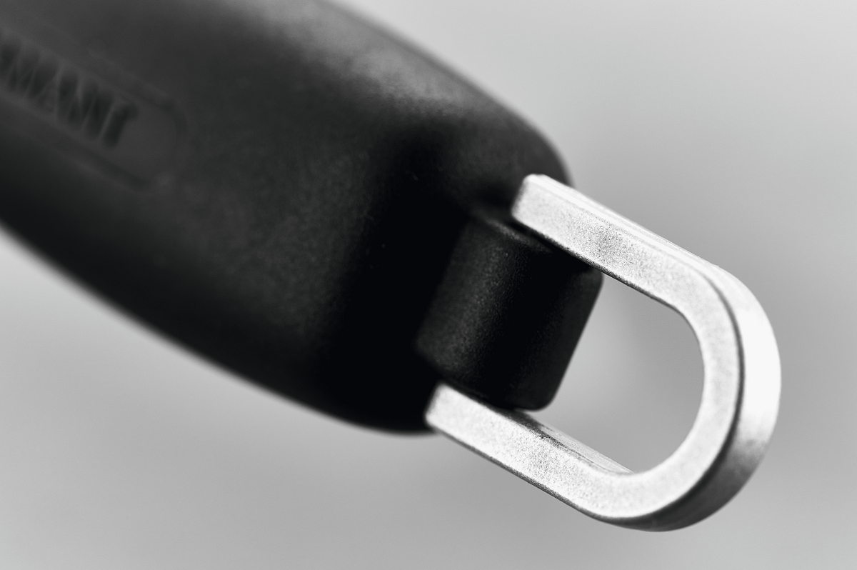 Close-up of the hanging loop on the black handle of the WÜSTHOF 10" Wide Diamond Sharpening Steel