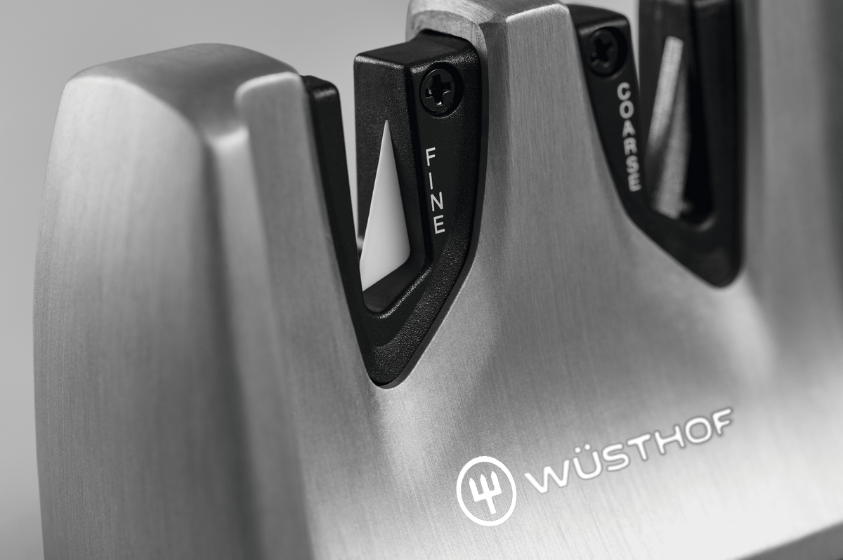 Close-up of the fine and coarse slots of the WÜSTHOF CLASSIC IKON 2-Stage Hand-Held Sharpener