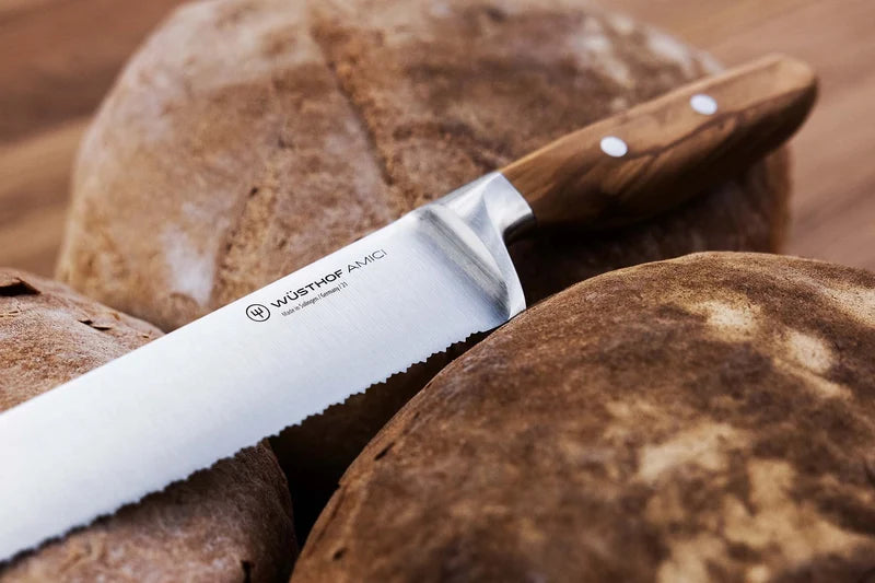 Wüsthof AMICI 9" Double-Serrated Bread Knife - Natural Olive Wood, Precise Serrations