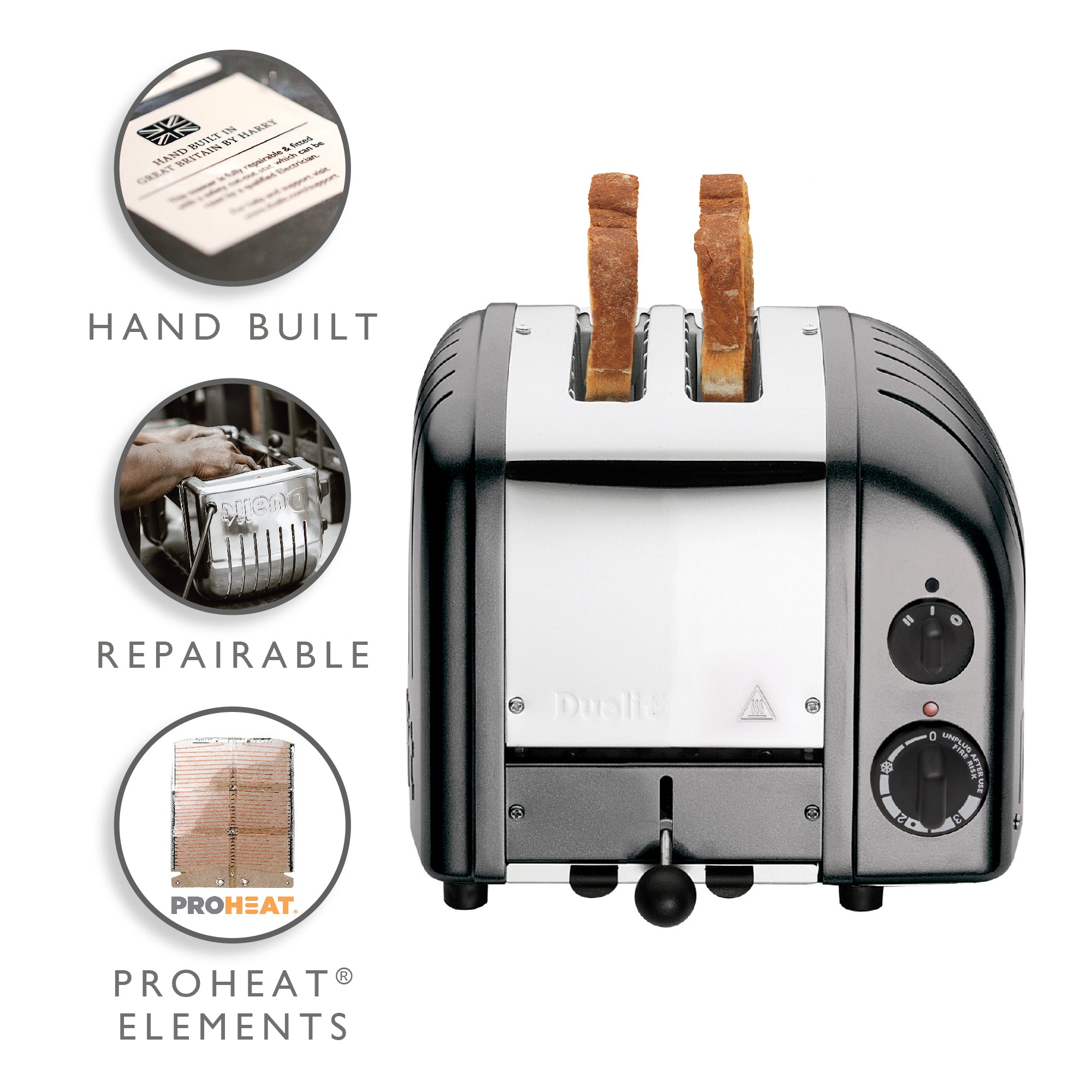 Dualit Classic 2-Slice Toaster - Metallic Charcoal | Handcrafted in England | Authorized USA Dealer