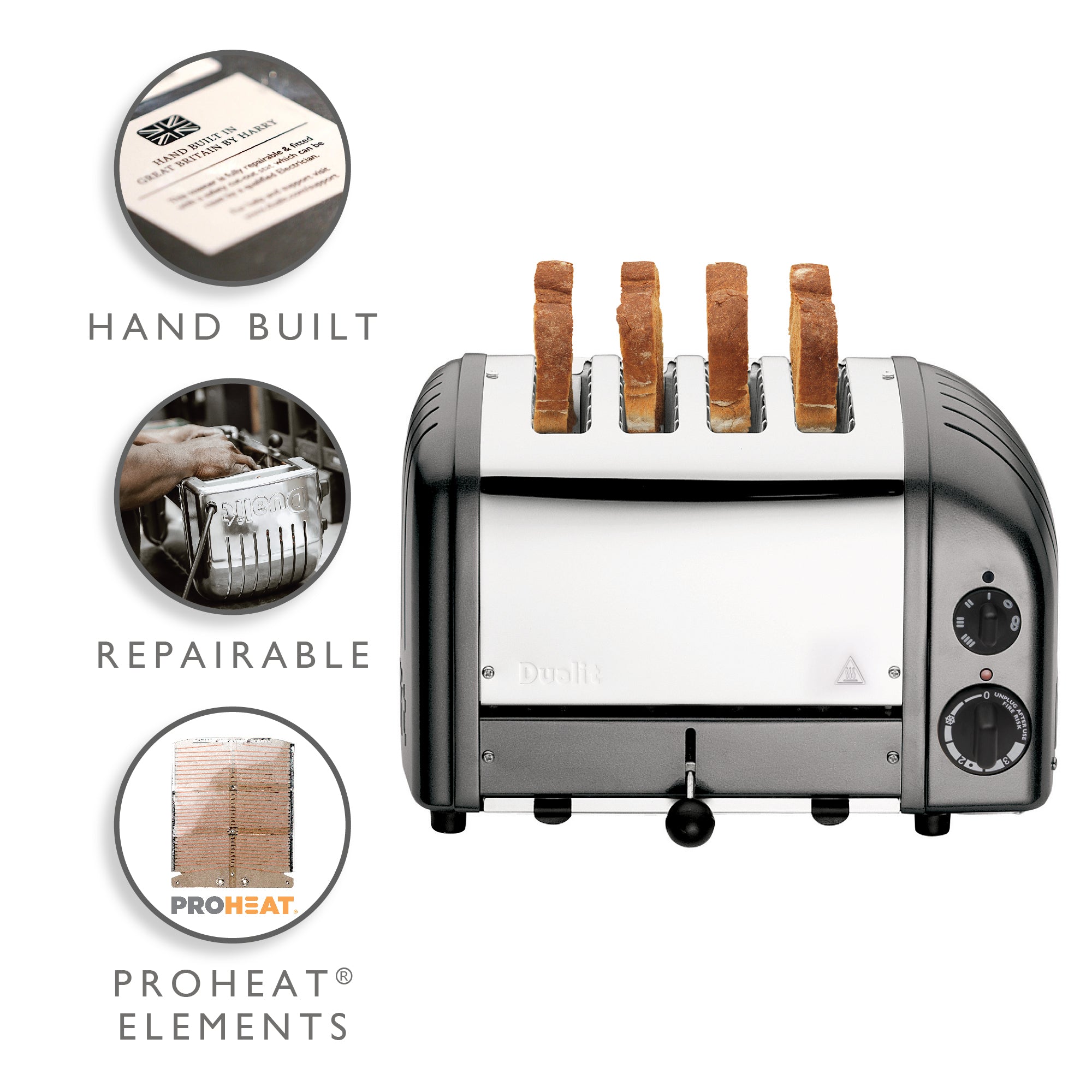 Dualit Classic 4-Slice Toaster - Metallic Charcoal | Handcrafted in England | Authorized USA Dealer
