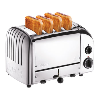 Dualit Classic 4-slice toaster in polished chrome with toast in the slots, on a white background