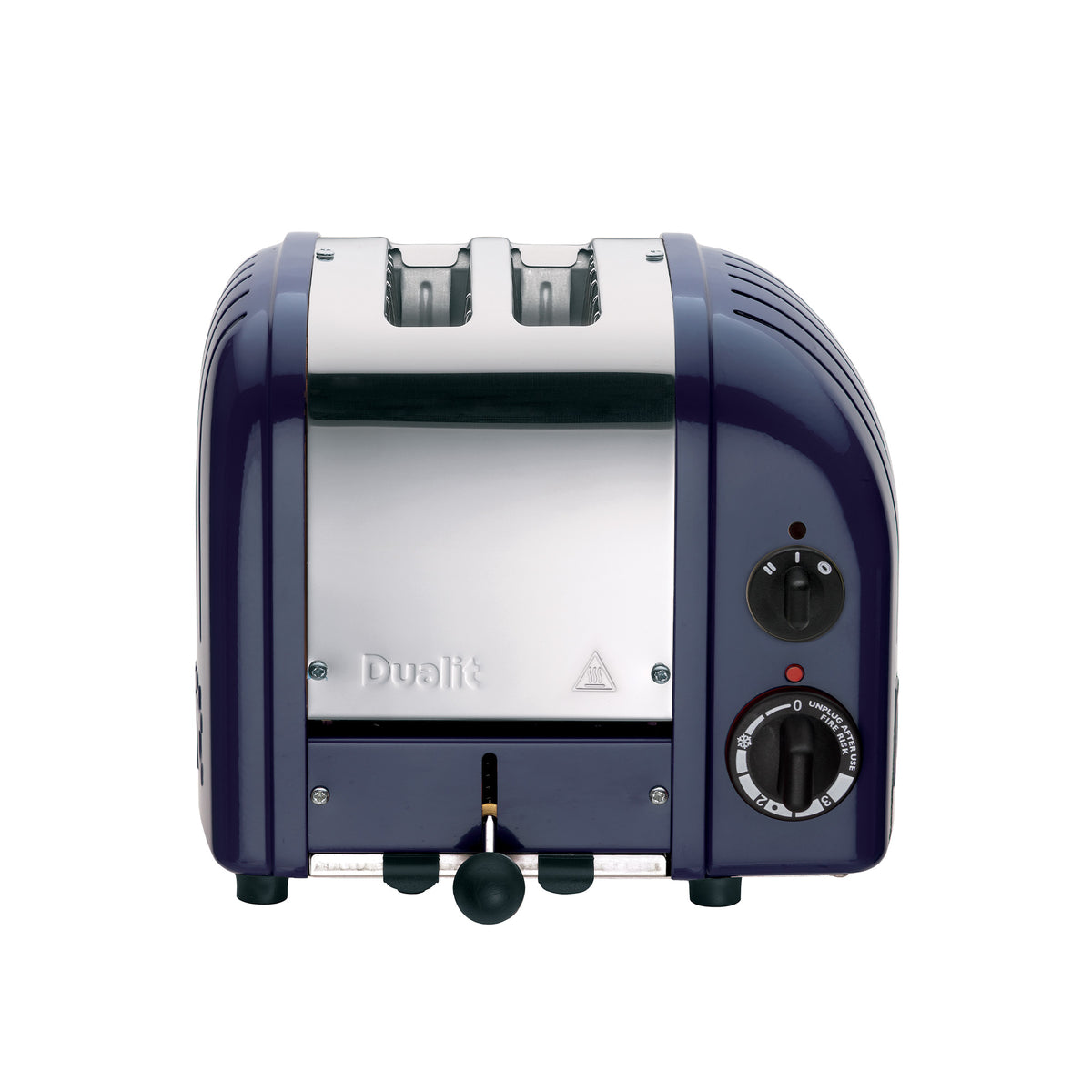 Front view of a Dualit Classic 2-slice toaster in lavender blue