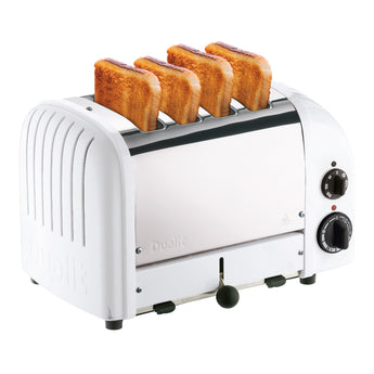 Dualit Classic 4-slice toaster in white with toast in the slots, on a white background