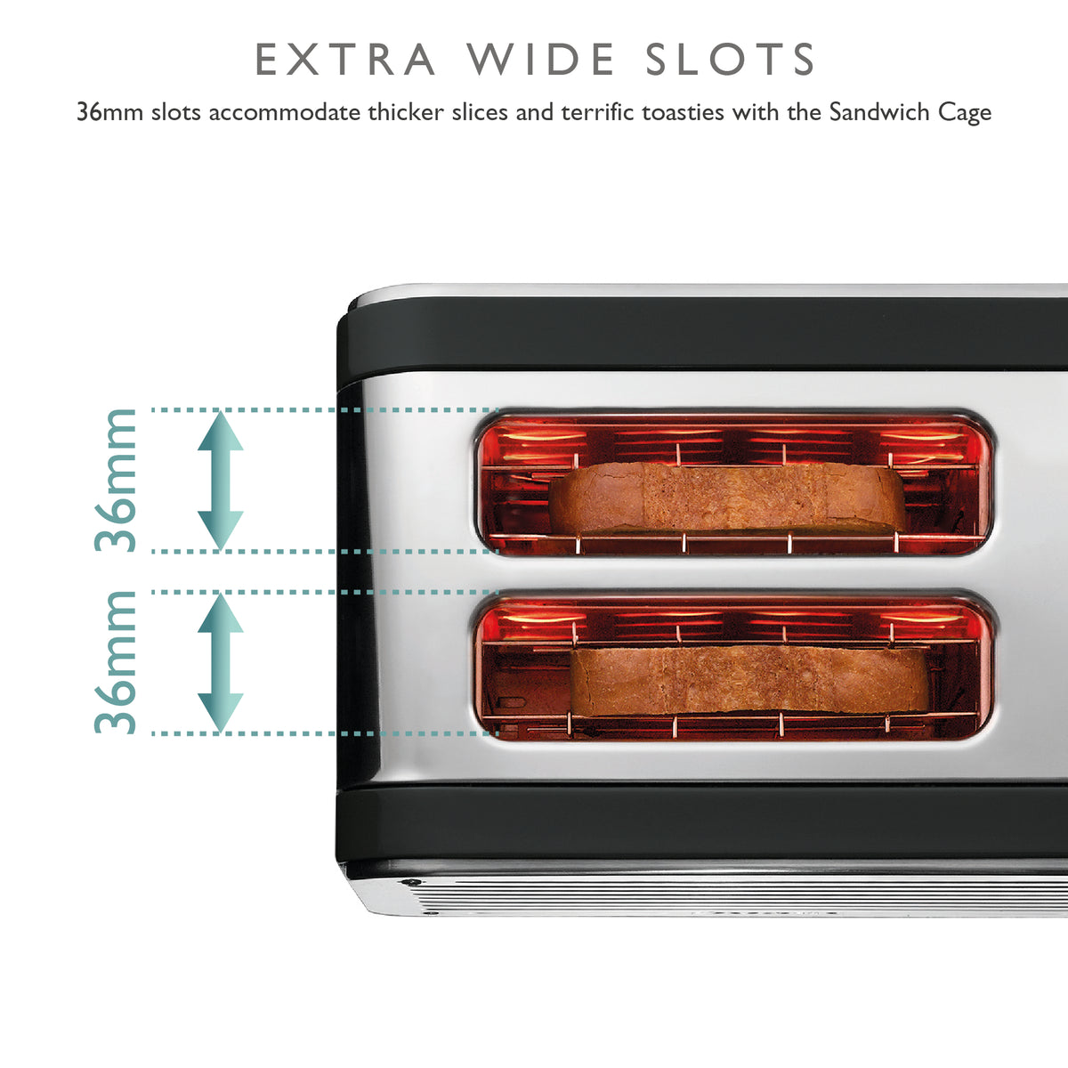 Glowing 36 mm extra wide slots of the Dualit Design Series toaster