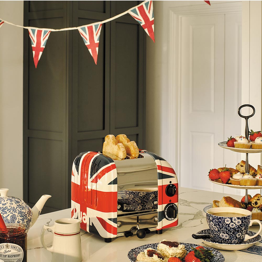 Dualit Classic 2-slice toaster in Union Jack with toast, afternoon tea, scones and Union Jack bunting