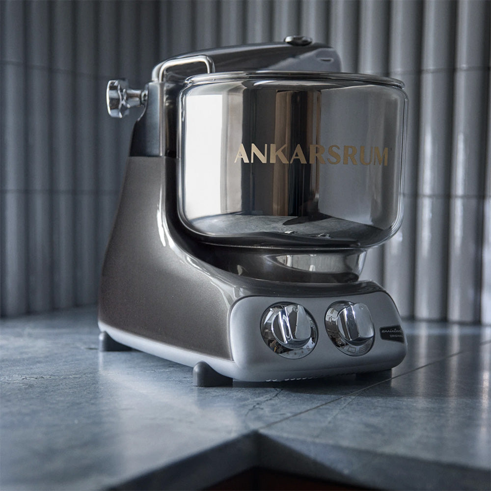 Ankarsrum Assistent Original Stand Mixer Essential Package - Black Chrome - A stand mixer built around a rotating bowl, not a motor in the head.