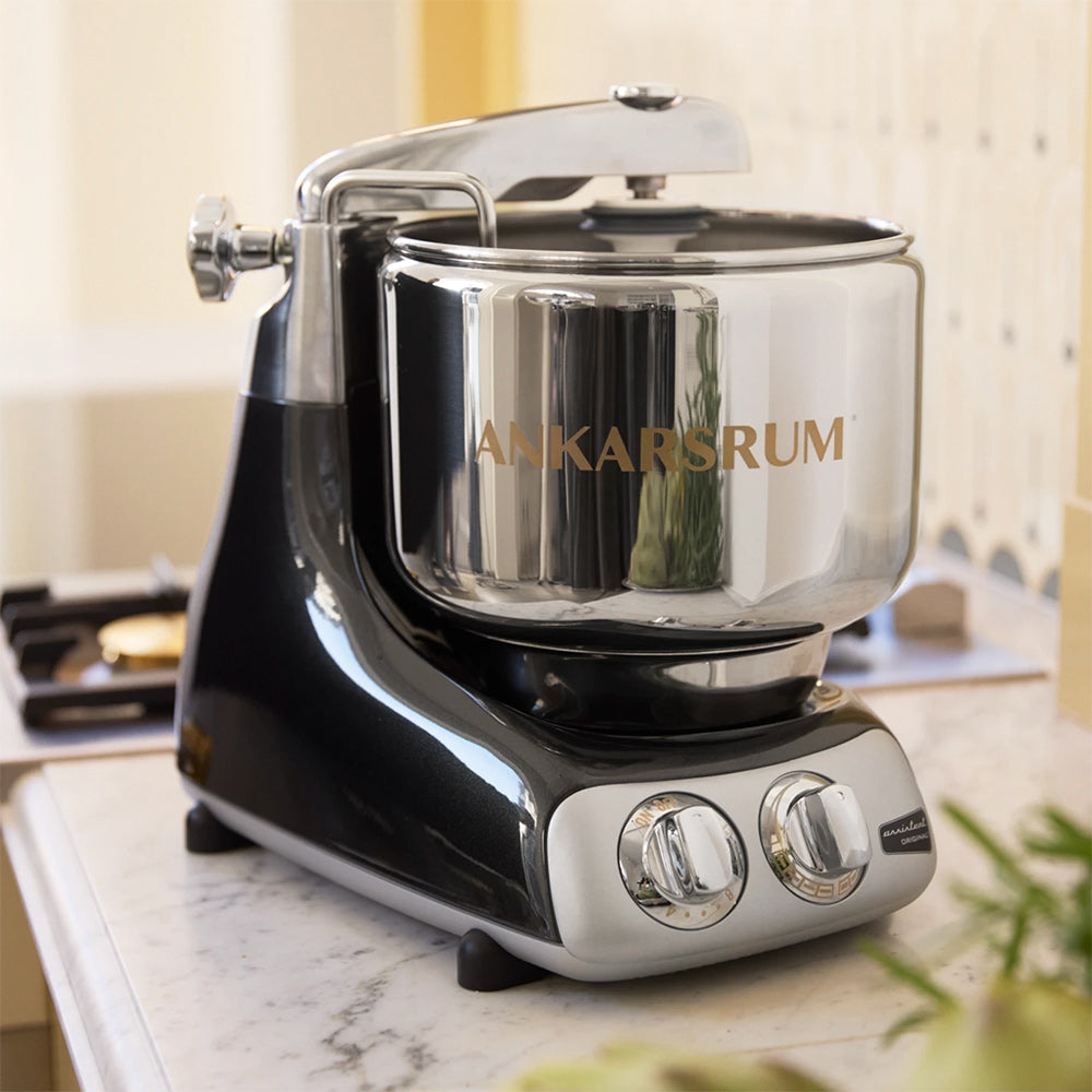 Ankarsrum Assistent Original Stand Mixer Essential Package - Black Diamond - A stand mixer built around a rotating bowl, not a motor in the head.