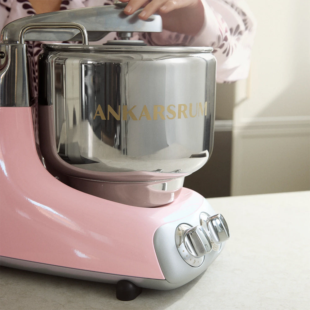 Ankarsrum Assistent Original Stand Mixer Essential Package - Cloudy Pink - A stand mixer built around a rotating bowl, not a motor in the head.