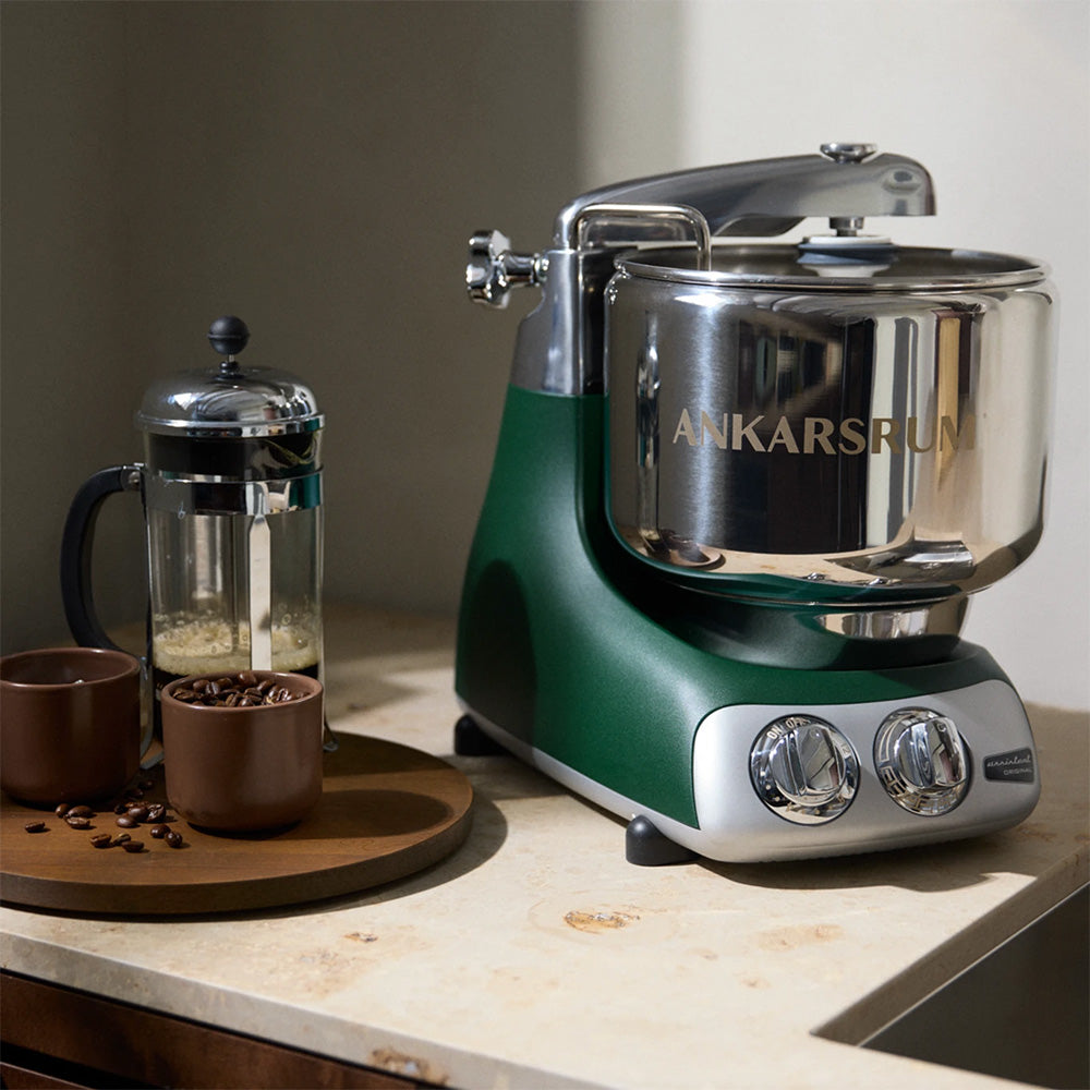 Ankarsrum Assistent Original Stand Mixer Essential Package - Forest Green - A stand mixer built around a rotating bowl, not a motor in the head.