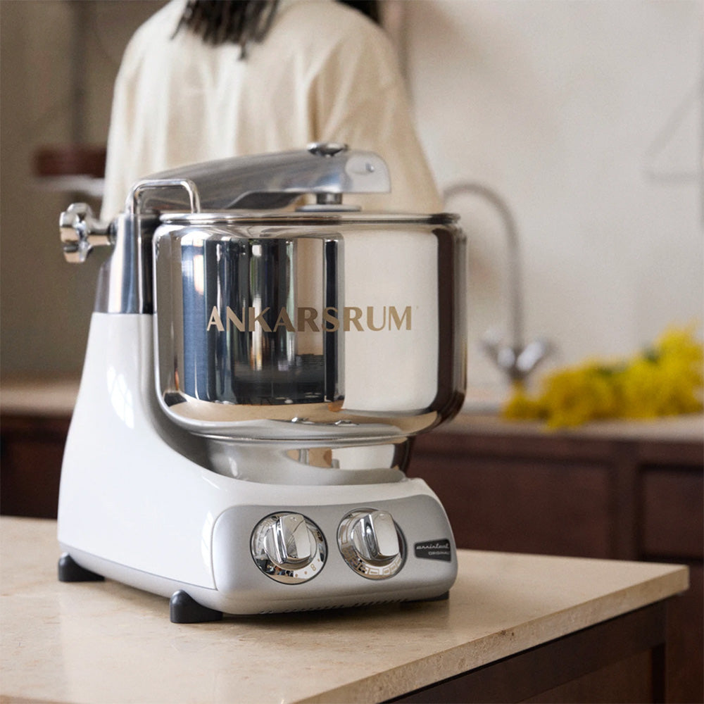 Ankarsrum Assistent Original Stand Mixer Essential Package - Glossy White - A stand mixer built around a rotating bowl, not a motor in the head.