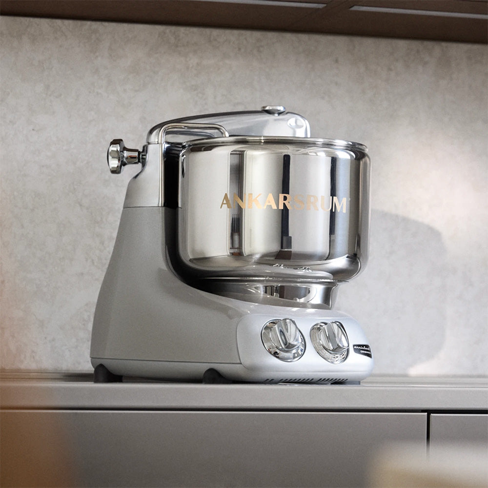 Ankarsrum Assistent Original Stand Mixer Essential Package - Jubilee Silver - A stand mixer built around a rotating bowl, not a motor in the head.