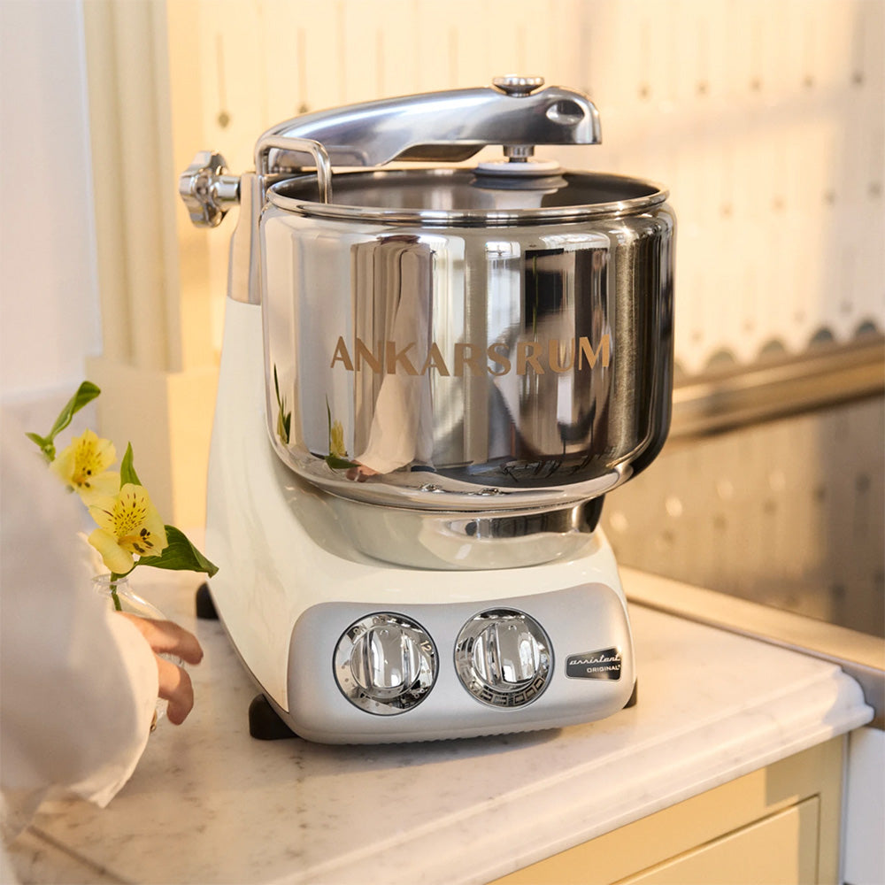 Ankarsrum Assistent Original Stand Mixer Essential Package - Light Creme - A stand mixer built around a rotating bowl, not a motor in the head.