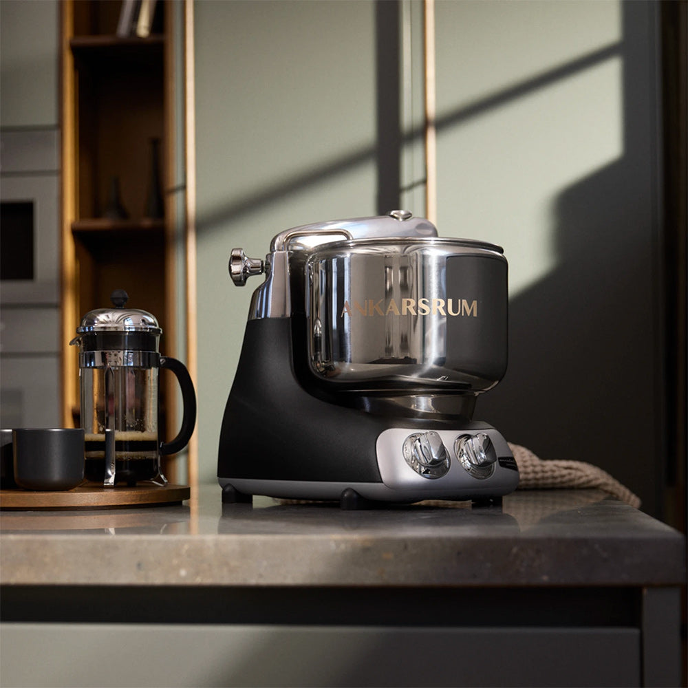 Ankarsrum Assistent Original Stand Mixer Essential Package - Matte Black - A stand mixer built around a rotating bowl, not a motor in the head.