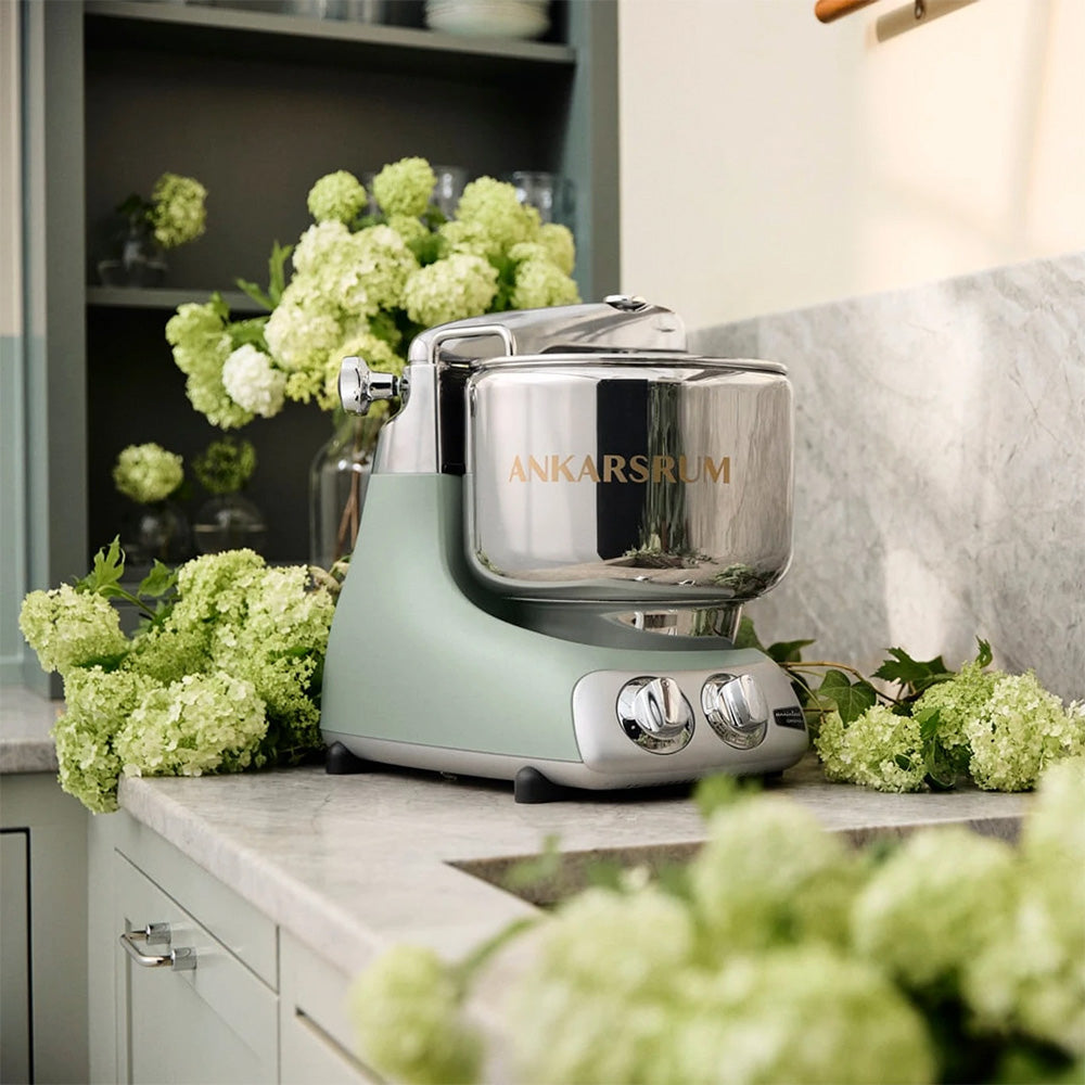 Ankarsrum Assistent Original Stand Mixer Essential Package - Nordic Sage - A stand mixer built around a rotating bowl, not a motor in the head.