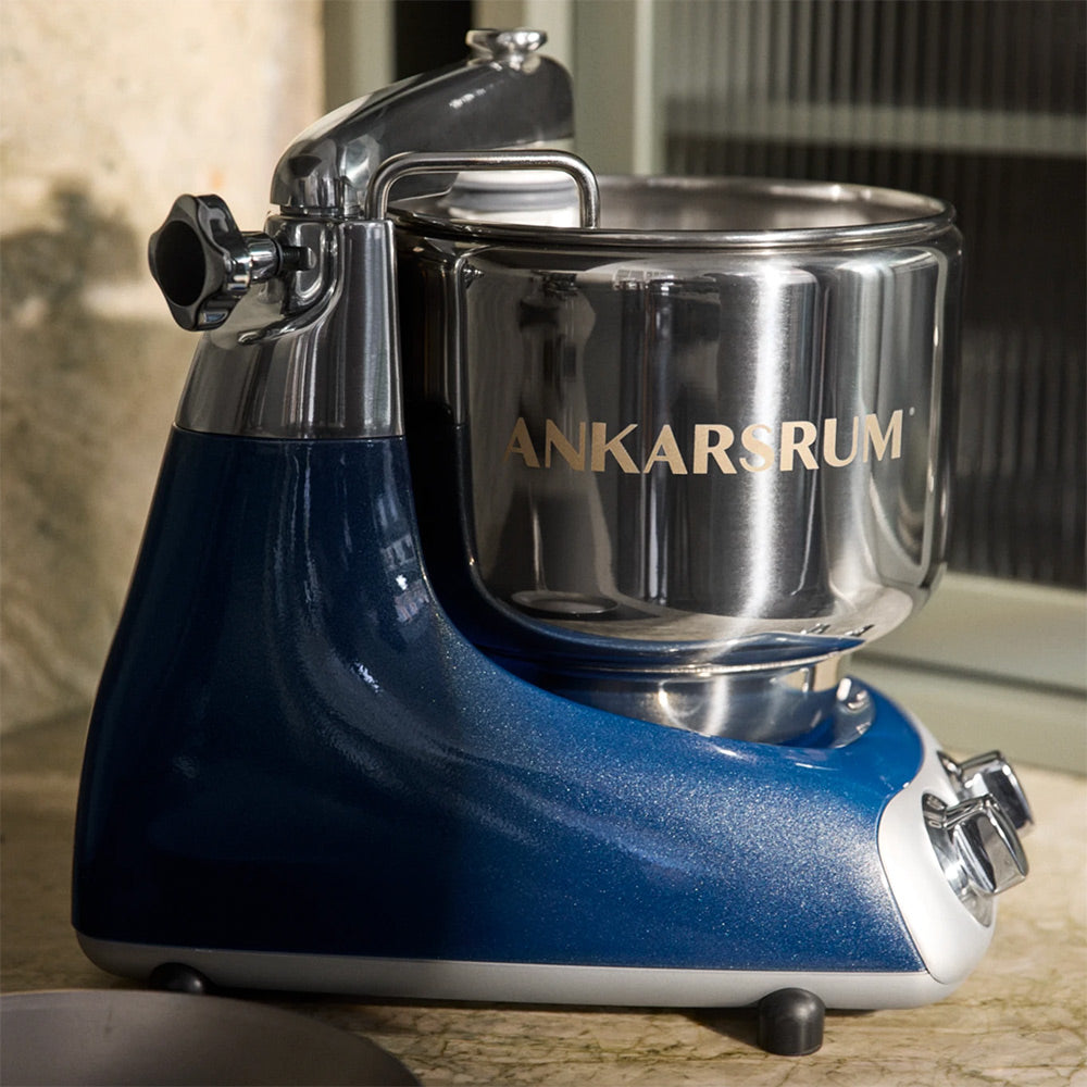 Ankarsrum Assistent Original Stand Mixer Essential Package - Ocean Blue - A stand mixer built around a rotating bowl, not a motor in the head.