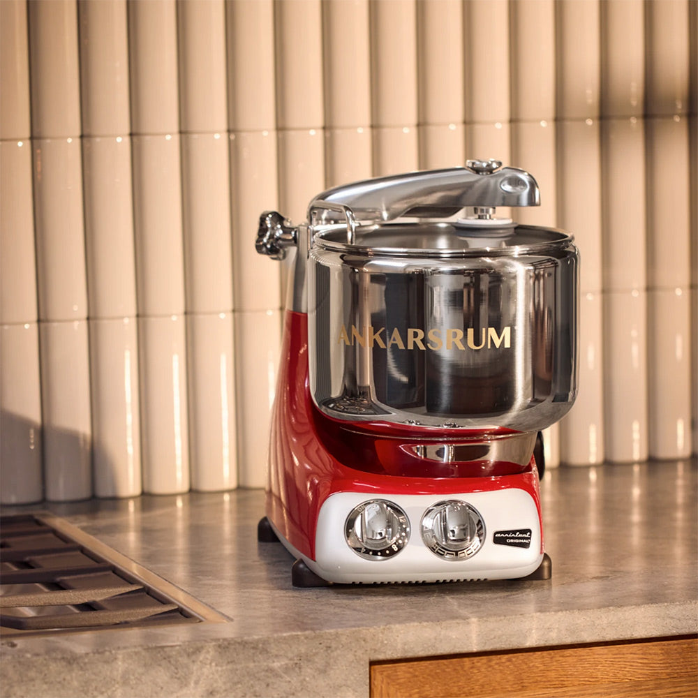 Ankarsrum Assistent Original Stand Mixer Essential Package - Red - A stand mixer built around a rotating bowl, not a motor in the head.