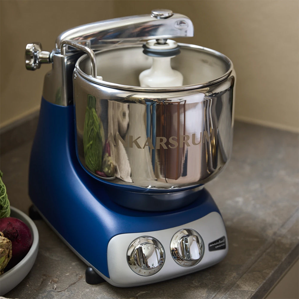 Ankarsrum Assistent Original Stand Mixer Essential Package - Royal Blue - A stand mixer built around a rotating bowl, not a motor in the head.