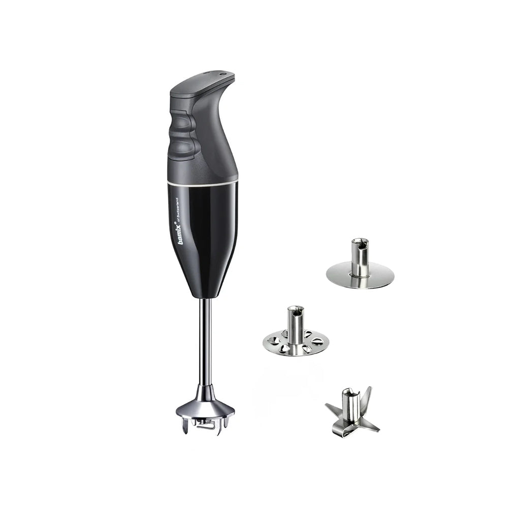 bamix Classic in black with its three stainless steel attachments