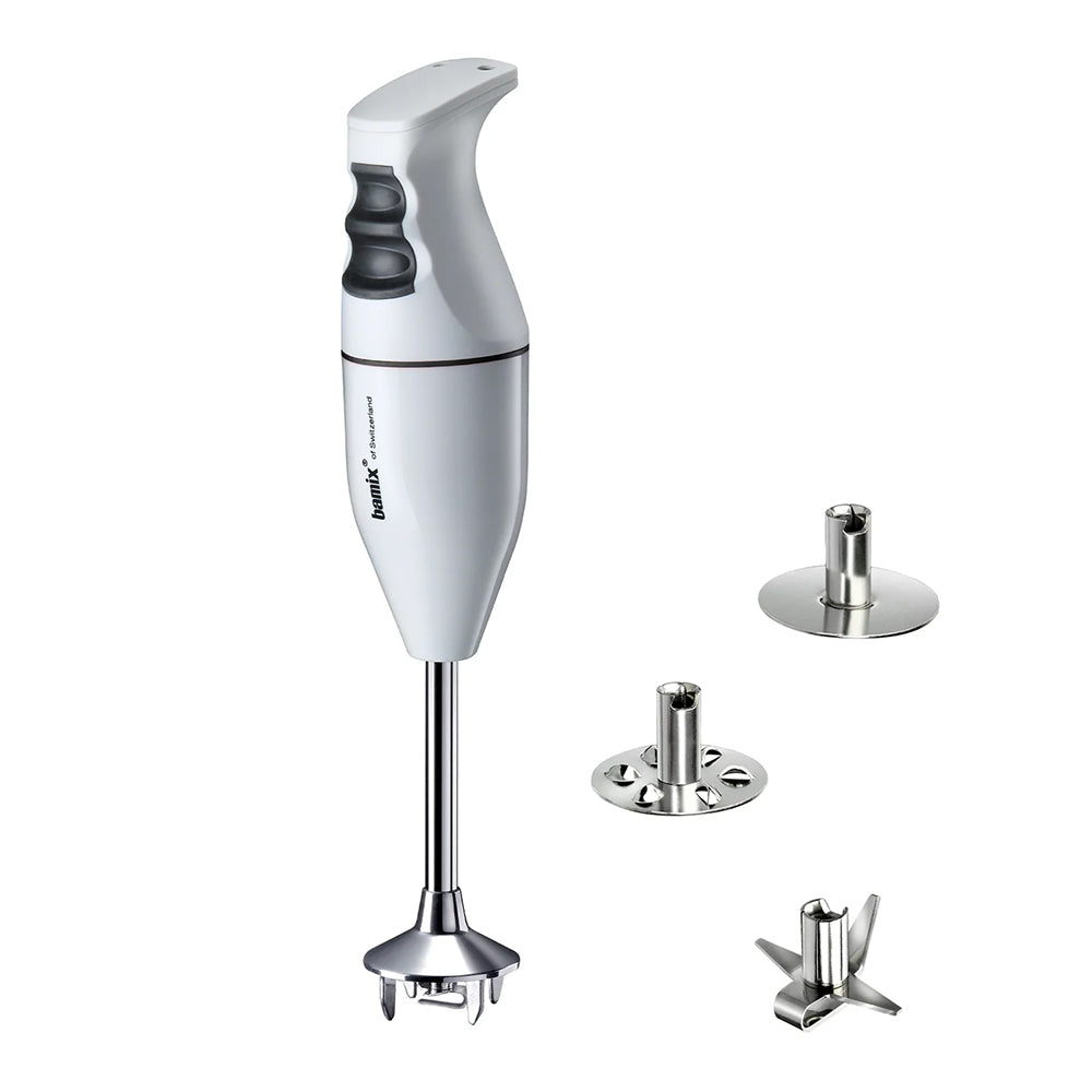 bamix Classic in white with its three stainless steel attachments