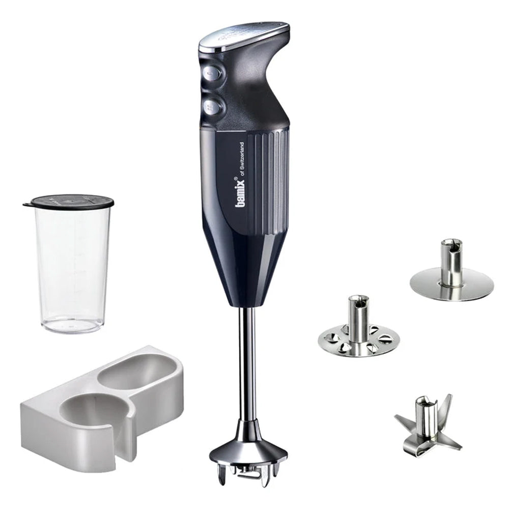 bamix Mono in black with its beaker and lid, wall holder and three stainless steel attachments