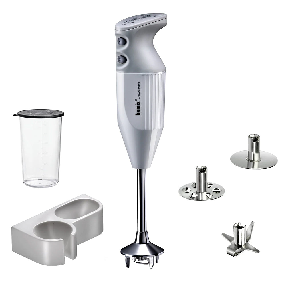 bamix Mono in white with its beaker and lid, wall holder and three stainless steel attachments