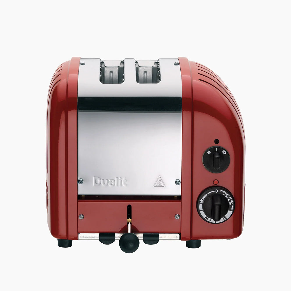 Front view of a Dualit Classic 2-slice toaster in red
