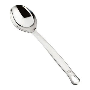 Hestan Provisions 13-inch deep spoon, polished stainless steel with a deep solid bowl, on a white background