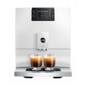 Jura C3 in Piano White, front view, with two espressos