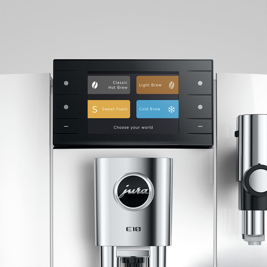 Jura E10 color display showing the four Coffee Worlds: Hot Brew, Light Brew, Sweet Foam and Cold Brew