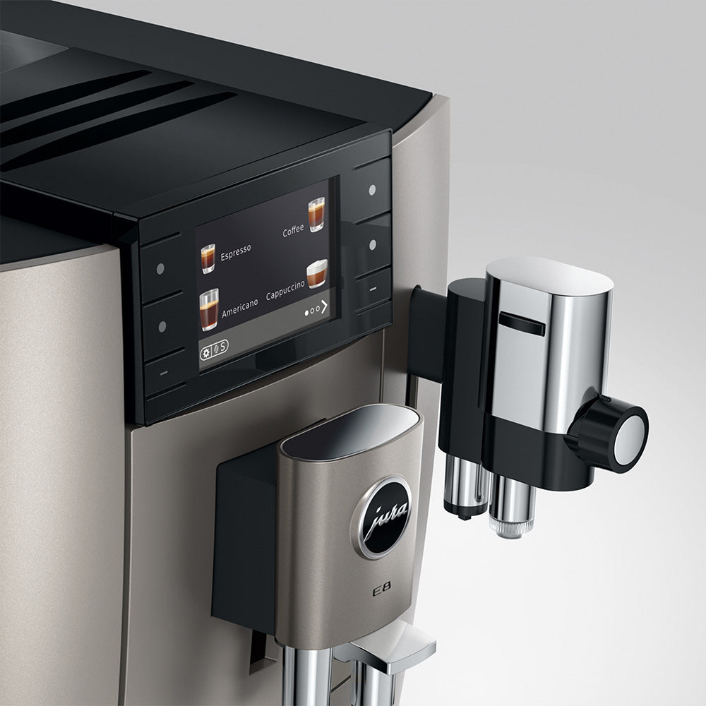 Jura E8 (5th generation) in Midnight Silver, close-up of the color display and milk spout