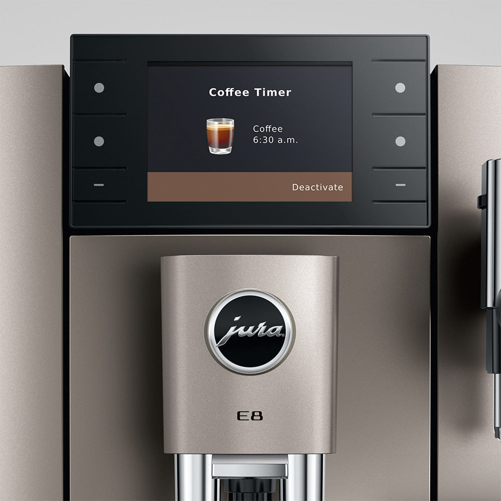 Jura E8 (5th generation) in Midnight Silver, close-up of the color display showing the Coffee Timer