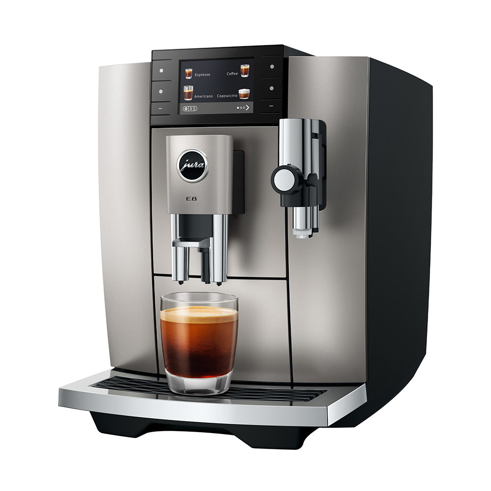 Jura E8 (5th generation) in Midnight Silver, angled to the left, with a coffee