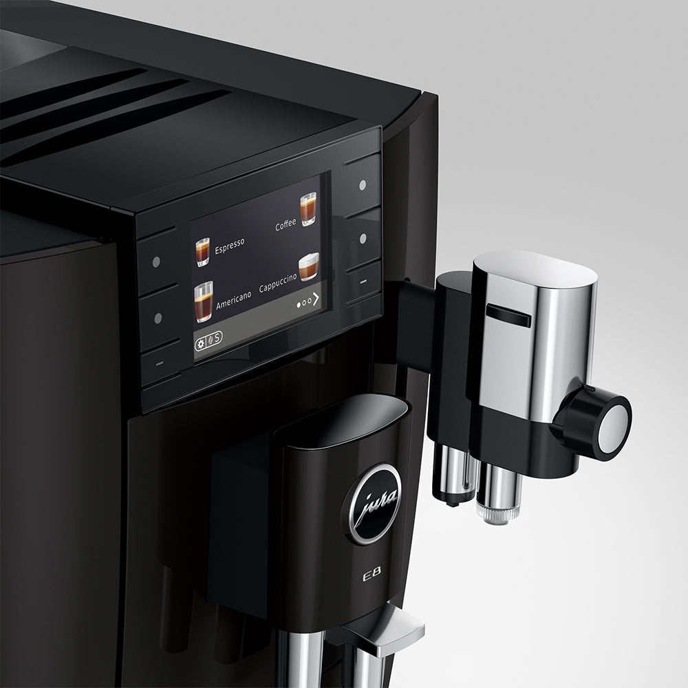 Jura E8 (5th generation) in Piano Black, close-up of the color display and milk spout