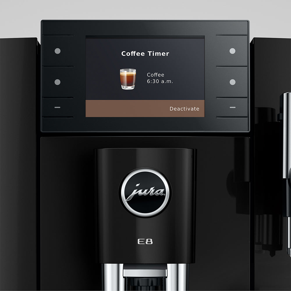 Jura E8 (5th generation) in Piano Black, close-up of the color display showing the Coffee Timer