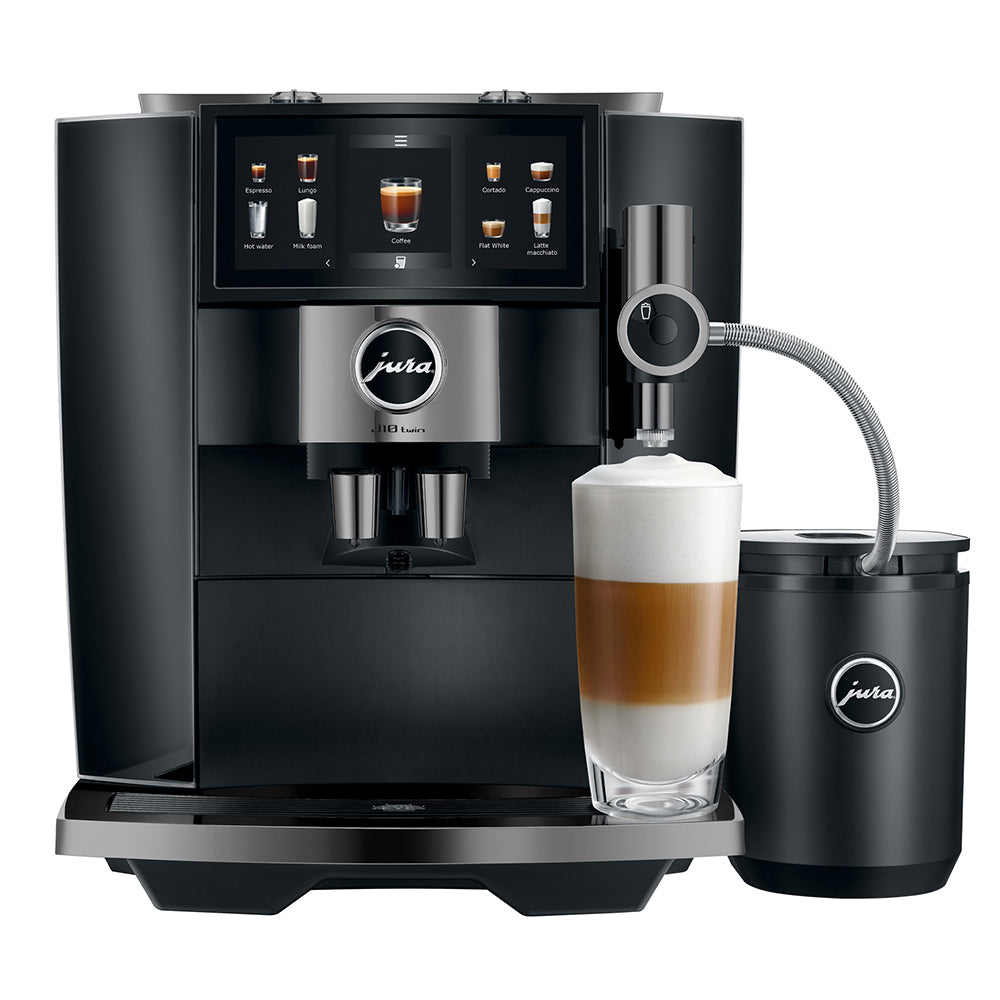 Jura J10 twin in Diamond Black, front view, with a Cool Control milk cooler and a latte macchiato